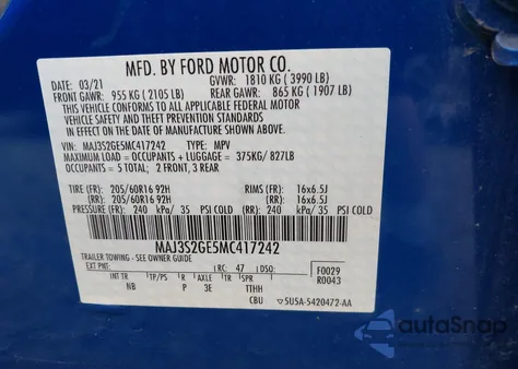 2021 Ford Ecosport Se from USA, damaged, VIN MAJ3S2GE5MC417242